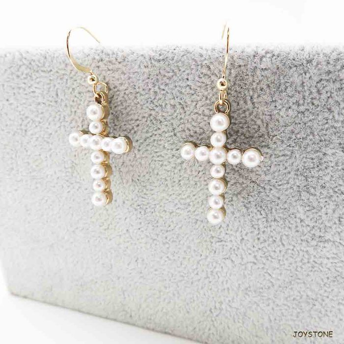 Shimmery White Faux Pearl Cross Earrings Gold plated Silver Hook