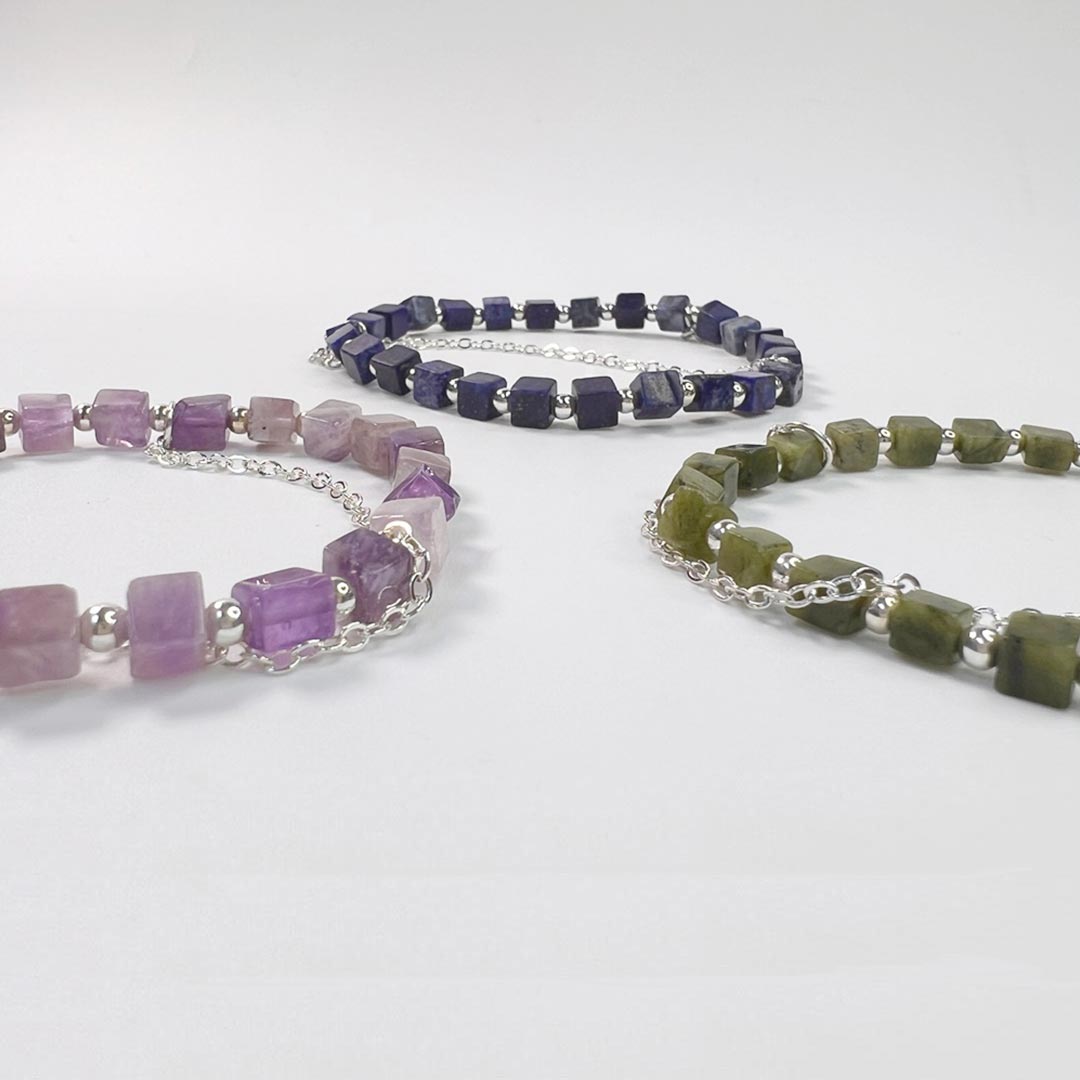 Thin Bracelet Silver Balls Amethyst Peridot Lazurite Drop Chain Stretch Cube