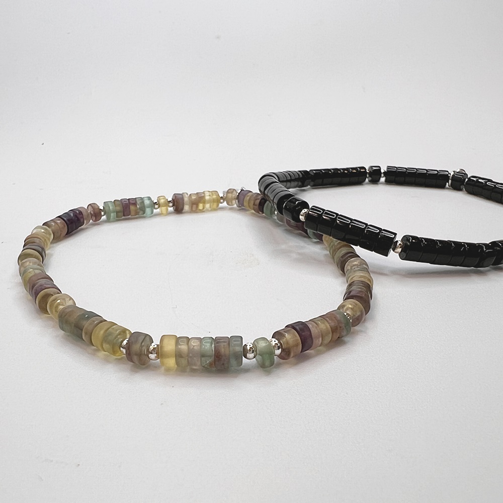 Thin Bracelet Silver Balls Old Mined Fluorite Black Agate Stretch Heishi Bead