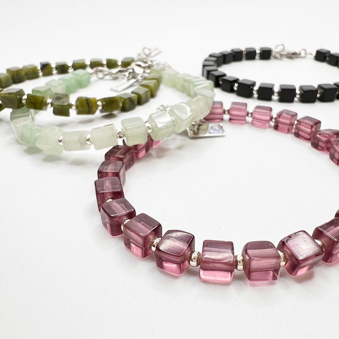 Thin Bracelet Silver Balls Aventurine Peridot Charoite Black Agate Cube Beads Metal Logo Extender