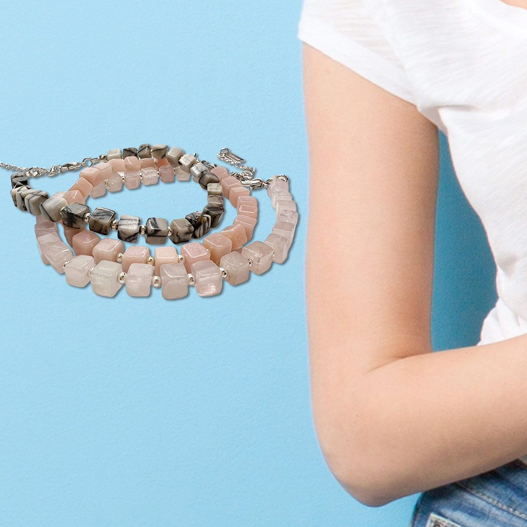 銀珠x天然石方珠 網絡石 粉晶 粉紅蛋白石 3選1 可調式925銀水晶手串