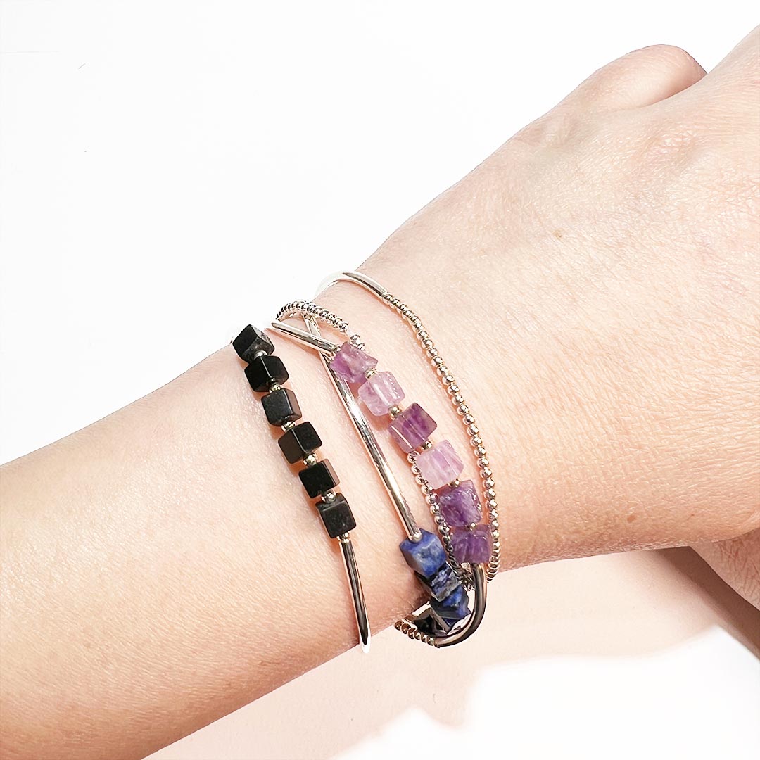 Thin Bracelet Silver Tubes Balls Amethyst Lazurite Black Agate Cubes Option