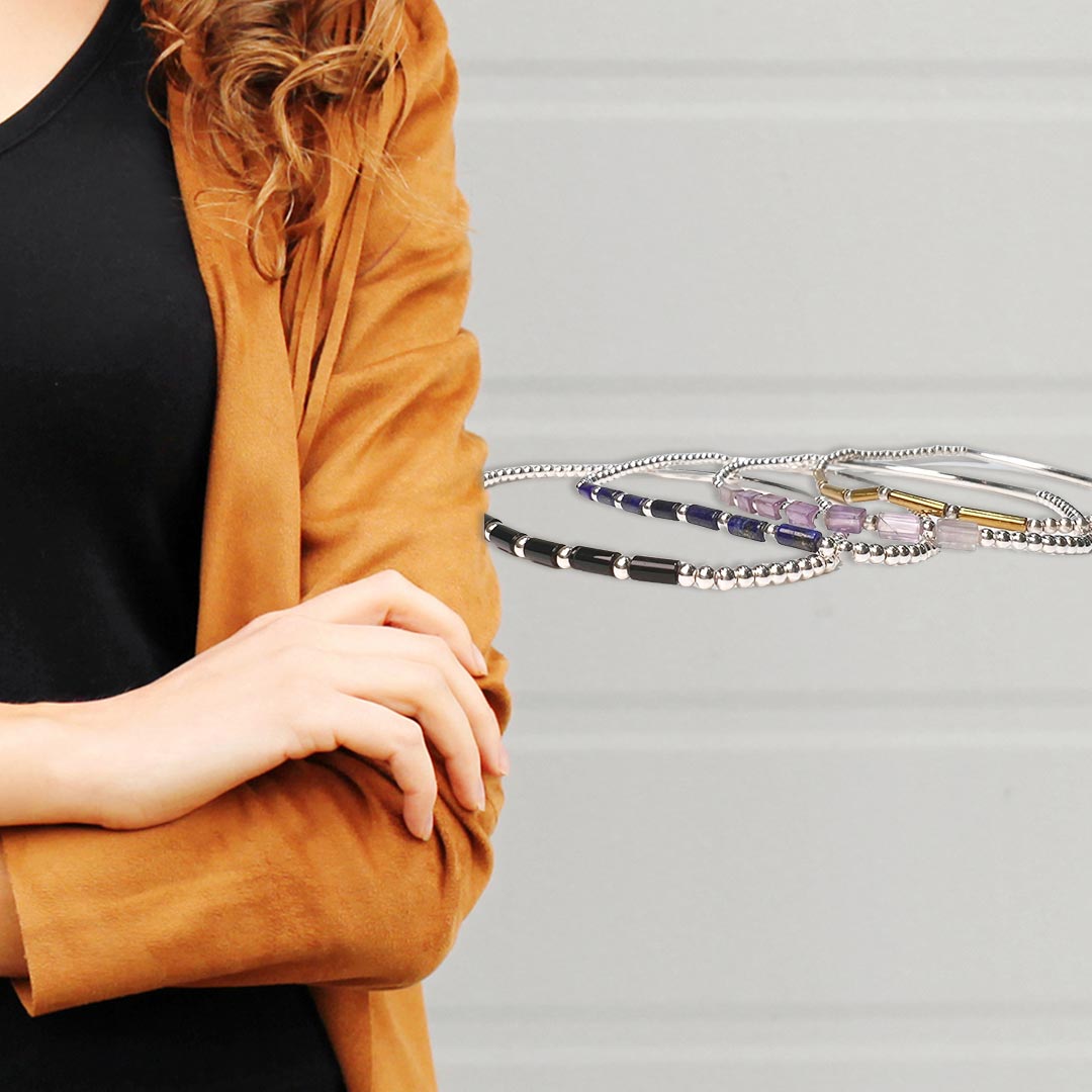 Thin Stretch Bracelet Silver Balls 3mm Tube Stone Options