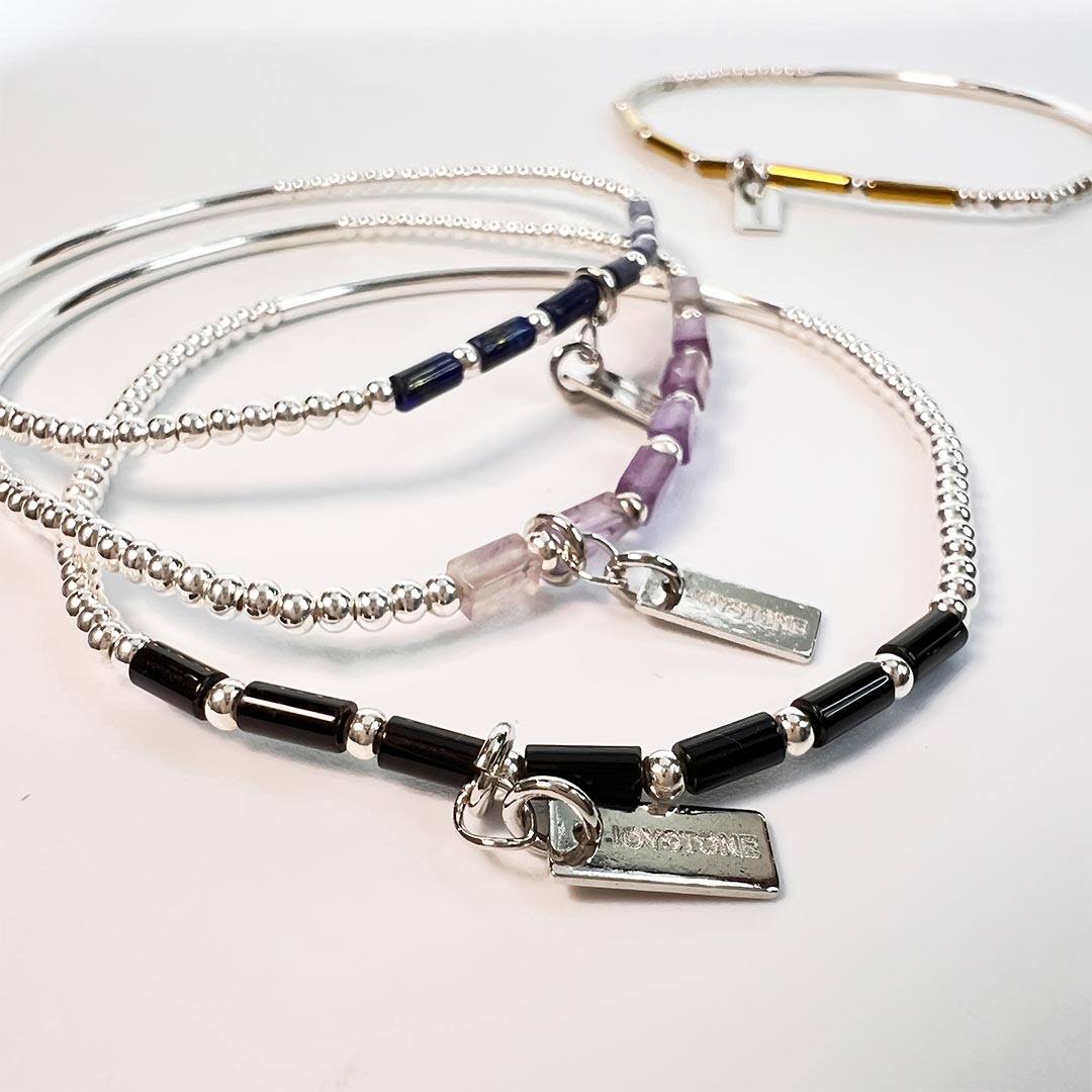 銀管x天然石管珠 925銀珠水晶手串 紫水晶青金石黑瑪瑙金膽石 4選1 彈性手圍