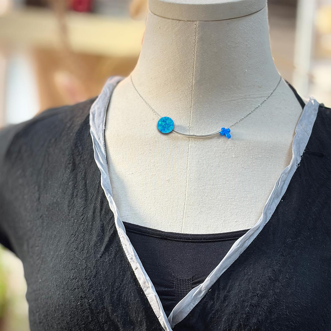 Silver Cross Sun Clavicle Smile Necklace Silver Tubes Opal Pendant